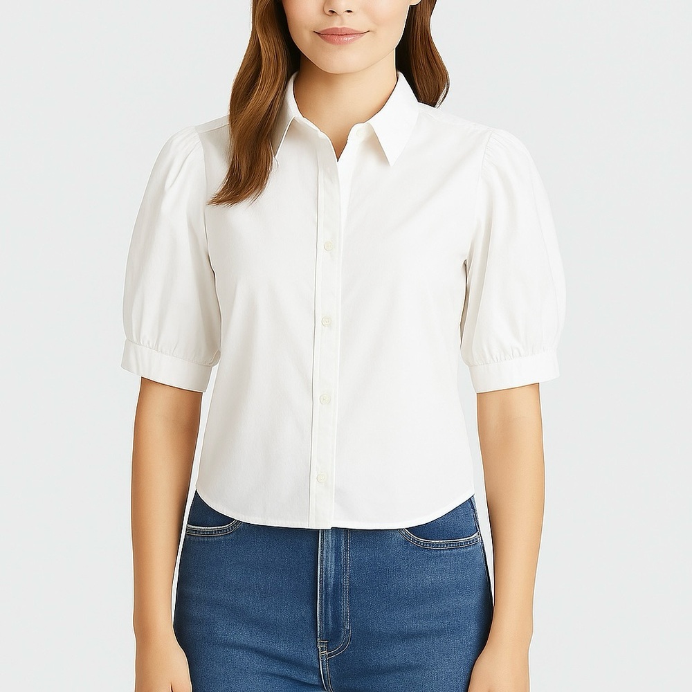 J.Crew Factory Puff Sleeve Button-Down Shirt Women L White Collared Cotton Blend - Picture 2 of 10